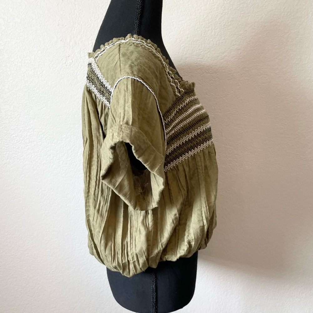 Free People Olive Green Embroidered Peasant Blouse Women’s XS NWOT - Picture 9 of 11